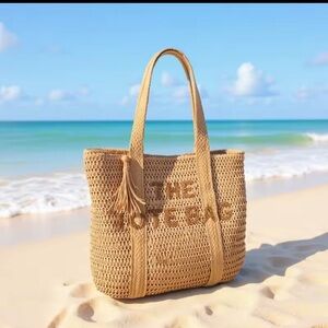 New THE TOTE BAG Khaki Tan Woven Straw Summer Beach Bag Casual Large Purse